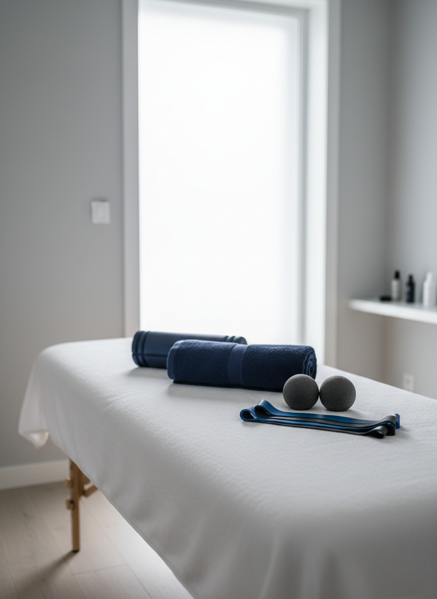 A neatly folded navy-blue sports towel resting on a professional massage table covered in crisp, white linens, the surface slightly textured and clean. Around the table are organized, minimalist sports therapy tools: neatly arranged resistance bands, a sleek foam roller, and a pair of small massage balls. The room features light grey walls, a pale wooden floor, and a frosted glass window that lets in soft, diffused daylight, casting gentle, clinical shadows. Photographed at eye level with a shallow depth of field, the focus is on the table and tools, while the background blurs softly. The mood is professional, calm, and reassuring, with a clean, modern, photographic realism aesthetic suitable for a sports therapy clinic homepage.
