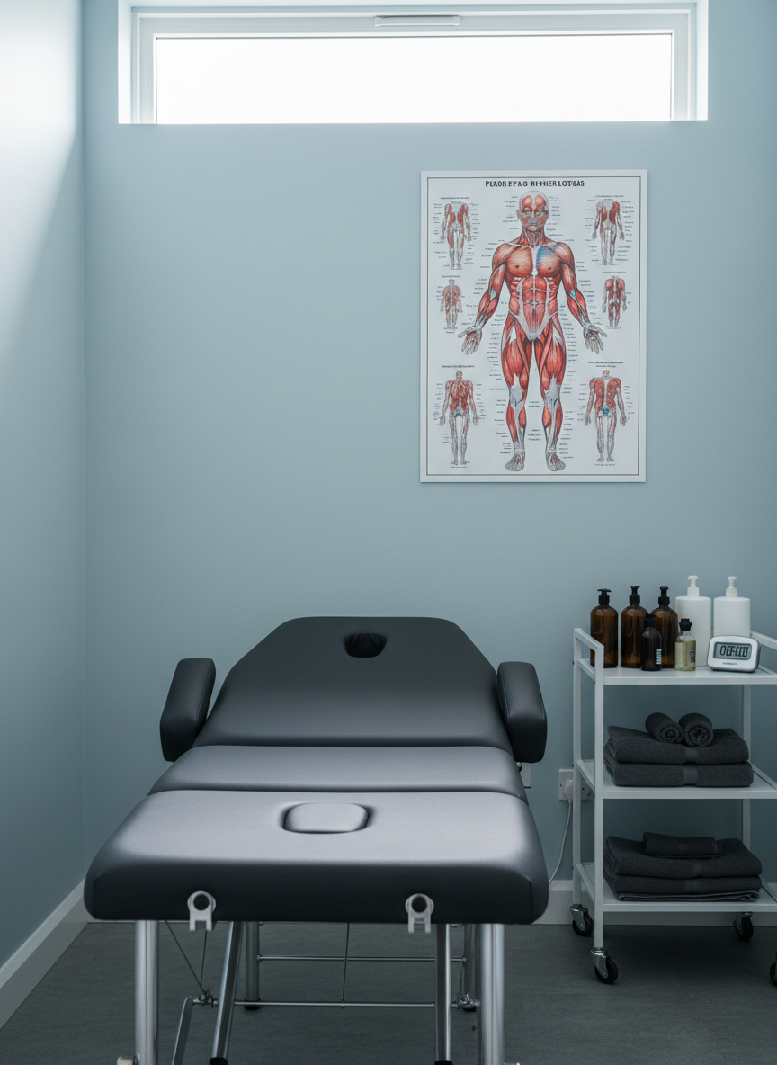 A close-up photographic view of a professional sports therapy treatment room corner, featuring a sturdy, adjustable massage couch upholstered in smooth dark charcoal material. Beside it stands a compact white metal trolley with neatly ordered massage oils, folded grey towels, and a digital timer. A large anatomical poster of the muscular system hangs crisply on a pale blue wall. Natural overcast light filters through a high window, creating even, shadow-free illumination and subtle highlights on the equipment. Shot from a slightly elevated angle with sharp focus throughout, the composition emphasizes order, hygiene, and technical expertise. The atmosphere is professional and clinical yet welcoming, reflecting a modern sports therapy practice in Bristol or Gloucester.