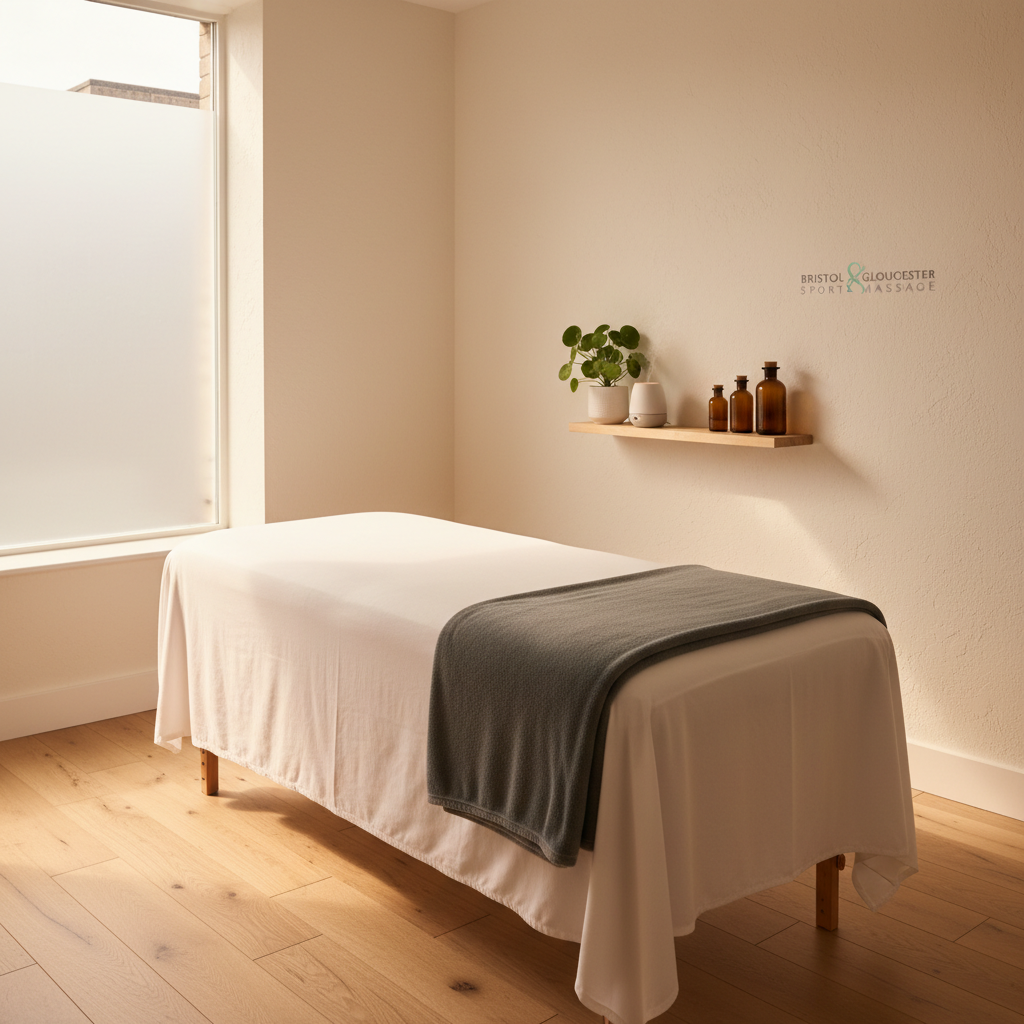A serene photographic interior of a sports massage room featuring a single massage table centered in the frame, covered in a smooth white sheet with a precisely folded dark grey blanket at the foot. On a nearby slim wooden shelf sit neatly arranged massage oils in amber glass bottles, a small diffuser emitting a faint mist, and a single green plant in a white pot. The walls are painted in a soft, warm white with a subtle textured finish. Indirect natural light filters through a partially frosted window, creating a calm glow and gentle, soft-edged shadows. Captured at eye level with balanced composition, the scene feels quiet, hygienic, and deeply professional, perfectly suited for promoting massage services in Bristol and Gloucester.