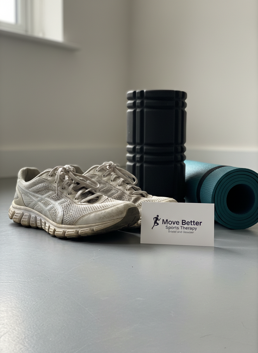 A pair of well-worn running shoes with subtle scuff marks and flexible soles placed deliberately on a flat, matte grey floor next to a cylindrical foam roller and a rolled-up dark teal exercise mat. A neatly labeled sports therapy clinic card with the name ‘Move Better Sports Therapy Bristol and Gloucester’ lies slightly in front of the shoes. Gentle side lighting from an unseen window creates soft highlights on the shoe fabric and roller texture, casting elongated shadows that add depth. Captured from a low, three-quarter angle, the shoes and tools dominate the foreground while the background fades into soft blur. The atmosphere is determined yet supportive, conveying recovery, performance, and professional care through photographic realism.