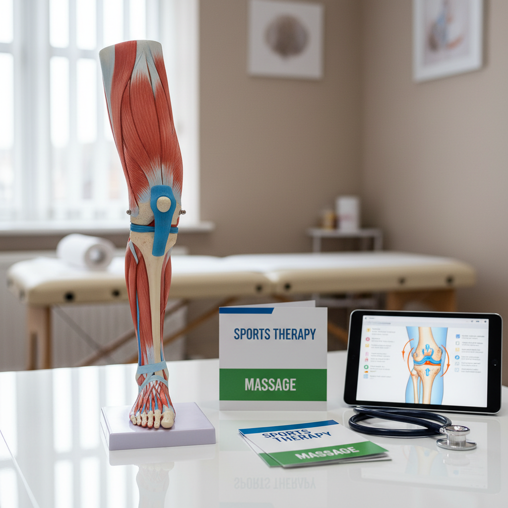 A detailed photographic close-up of a muscular anatomy model’s lower leg and knee joint set on a sleek white consultation desk. Next to the model are neatly stacked clinic information leaflets labeled with ‘sports therapy’ and ‘massage’, along with a stethoscope and a slim digital tablet displaying a joint mobility diagram. The background shows a softly blurred treatment room with neutral-colored walls and a tidy massage couch. Soft, diffused daylight from a side window creates clear, clinical illumination, enhancing the anatomical details and glossy plastic surface of the model. Shot at eye level with a moderate depth of field, the mood is educational, precise, and highly professional, ideal for explaining injury rehabilitation and assessment on a sports therapy site.