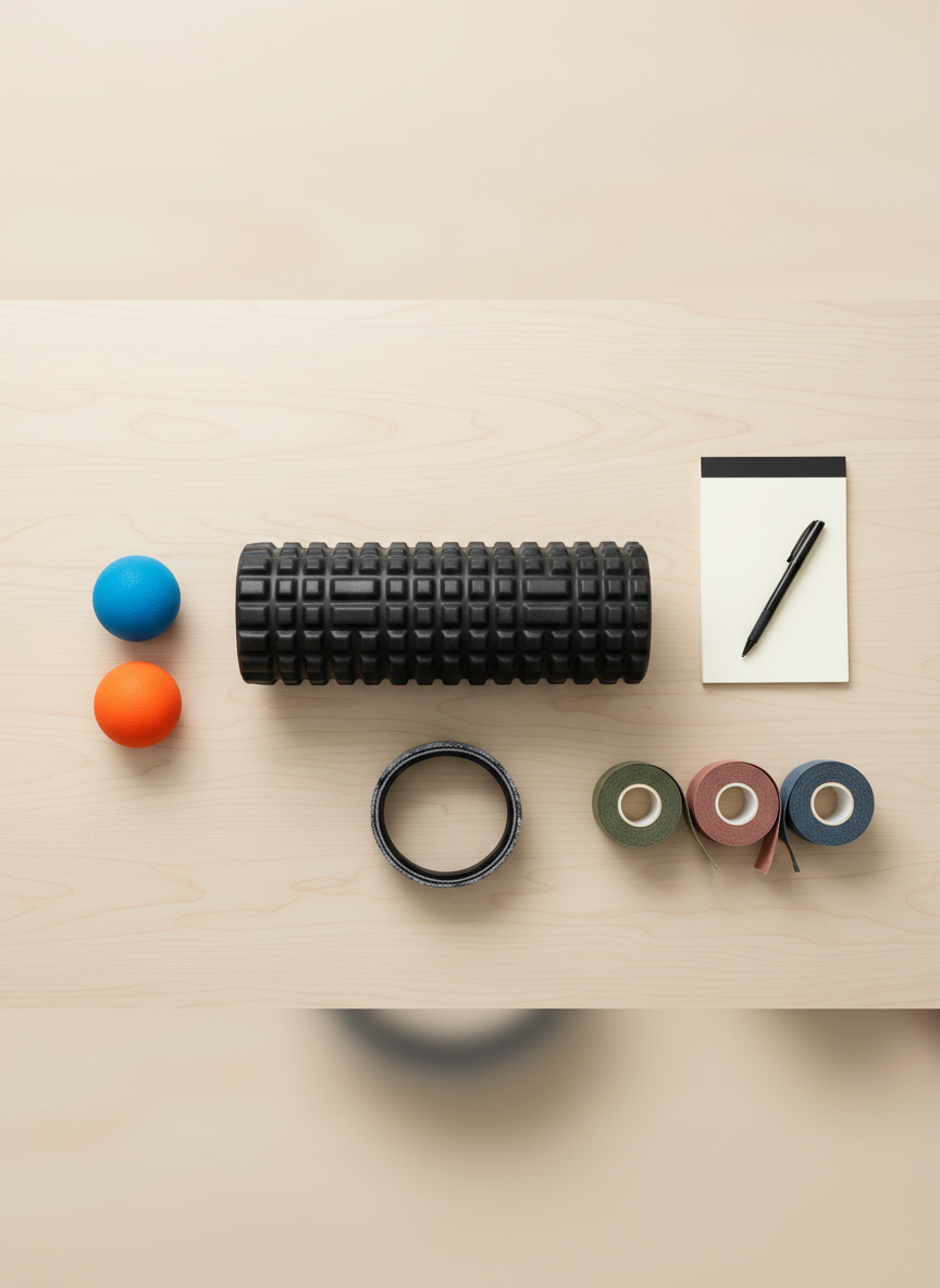 A clean, photographic overhead shot of a selection of sports therapy tools laid out with precise spacing on a smooth light wooden surface. A textured black foam roller, firm massage balls in bright blue and orange, a resistance band loop, kinesiology tape rolls in muted colors, and a slim notepad with a pen are arranged in a balanced, grid-like composition. Soft studio lighting from above creates minimal shadows and even illumination, highlighting textures and materials. The background remains uncluttered, ensuring the tools stand out clearly. The mood is methodical and professional, suggesting a structured, evidence-based sports therapy approach. The style is crisp, modern, and ideal for use as a banner or section header image on a sports therapy website.