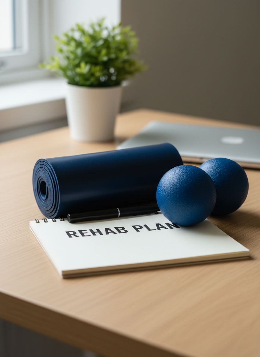 A close-up photographic composition of a rolled dark navy resistance band, two firm lacrosse-style massage balls, and a slim notebook labeled ‘Rehab Plan’ placed on a pale oak desk surface. The band’s textured rubber and the matte finish of the massage balls are clearly visible. In the softly blurred background sits a small desk plant and a closed laptop, hinting at professional planning and monitoring. Soft, indirect daylight from a nearby window gently highlights contours and creates subtle, natural shadows. Shot from a slightly elevated angle with shallow depth of field, the primary focus is on the therapy tools and notebook. The mood is organized, professional, and quietly optimistic, ideal for illustrating personalized treatment planning for sports therapy clients.