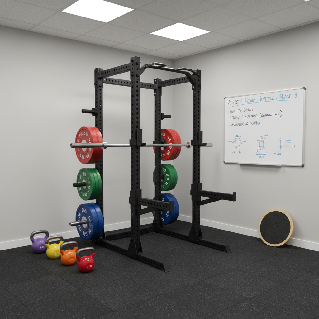 A photographic side-on view of a professional sports therapy rehabilitation corner, featuring a sturdy squat rack with neatly re-racked weights, a set of colorful kettlebells aligned in ascending order, and a balance board resting against the wall. A clean whiteboard displays a precisely written rehab plan with diagrams of movement patterns. The walls are light grey, and the floor is dark rubber gym flooring, creating visual contrast. Bright, even artificial overhead lighting ensures clear visibility and crisp shadows beneath the equipment. Shot from a slightly elevated angle with sharp focus, the image conveys structure, progression, and performance-focused rehabilitation. The atmosphere is energetic yet controlled, aligning with a high-quality, evidence-based sports therapy practice.